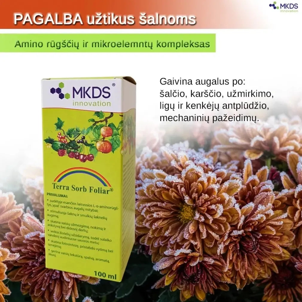 Augalų purškimo priemonė Terra Sorb Foliar aminorūgštys, 100 ml, skirta augalų mitybai ir sveikatai, matomas skaidrus buteliukas