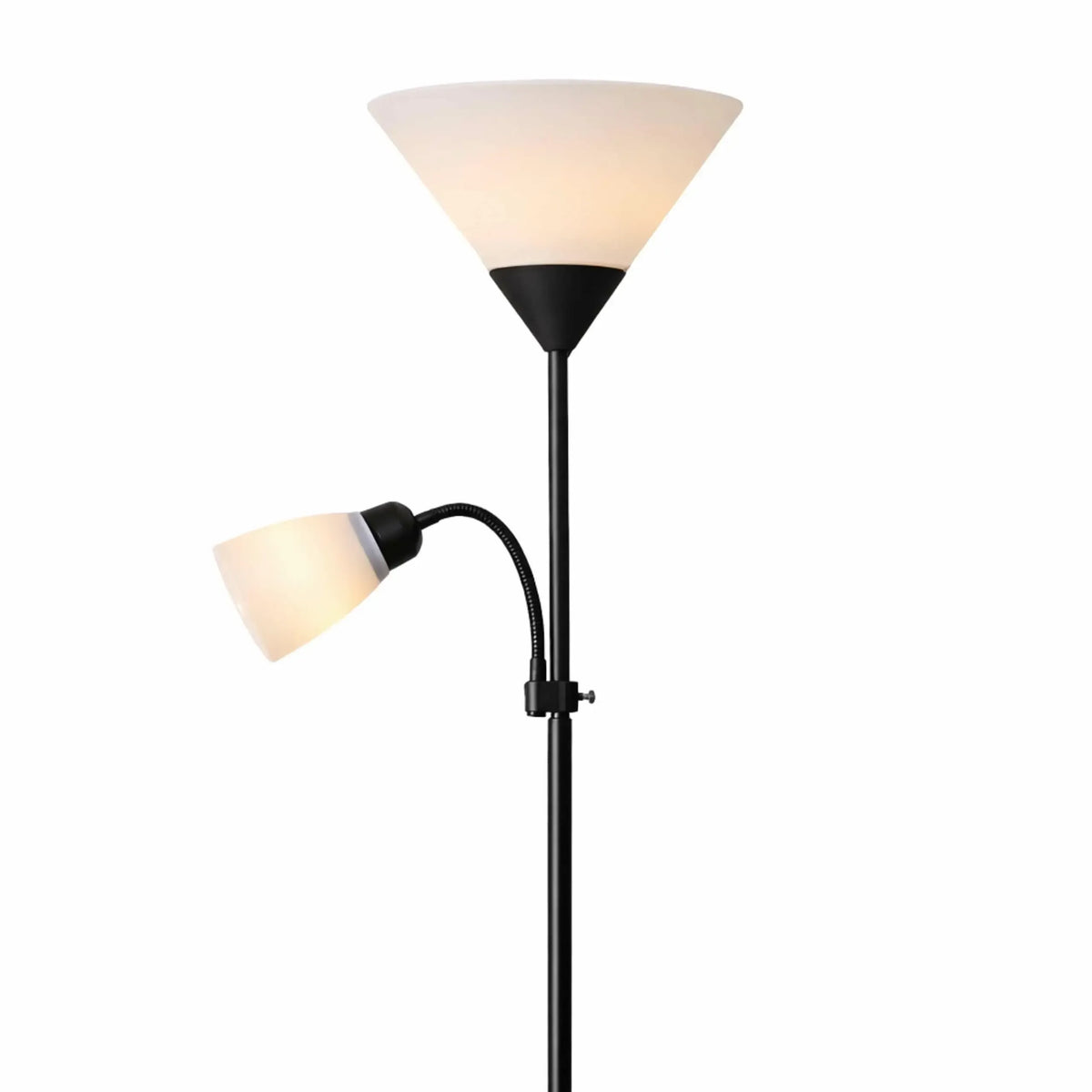 Modernus juodas metalinis 170 cm toršeras su dviem E27 lizdais, elegantiškas ir funkcionalus apšvietimo sprendimas.