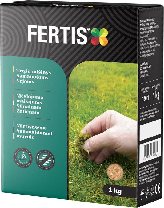 Trąšų mišinys samanotoms vejoms FERTIS, 1 kg, žolės trąšos su natūraliais ingredientais, skirtos samanų kontrolės ir vejos priežiūros.