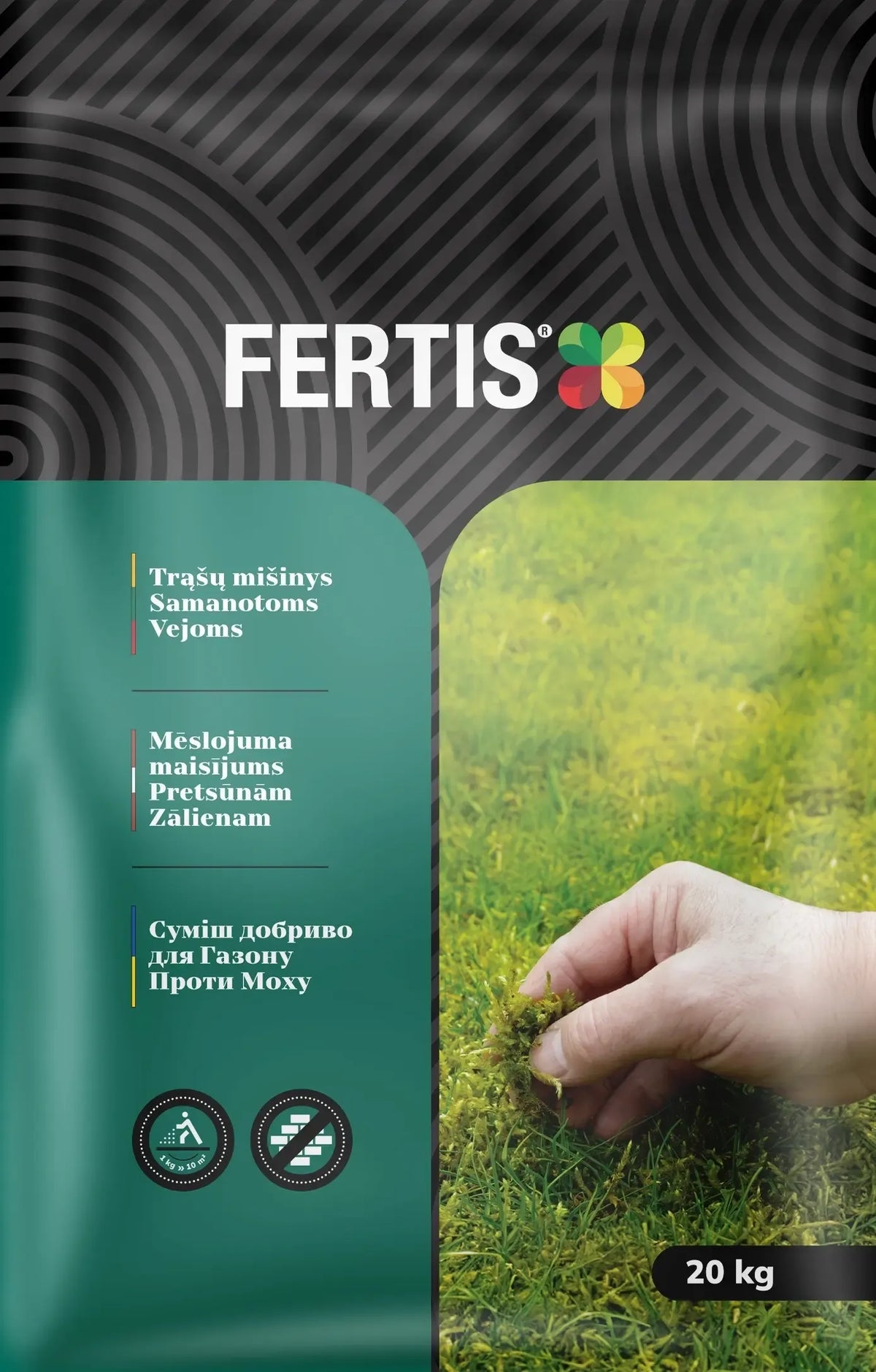 Trąšų mišinys samanotoms vejoms FERTIS, 20 kg, žolės trąšos, veiksmingas vejos priežiūros produktas, optimali tręšimo priemonė