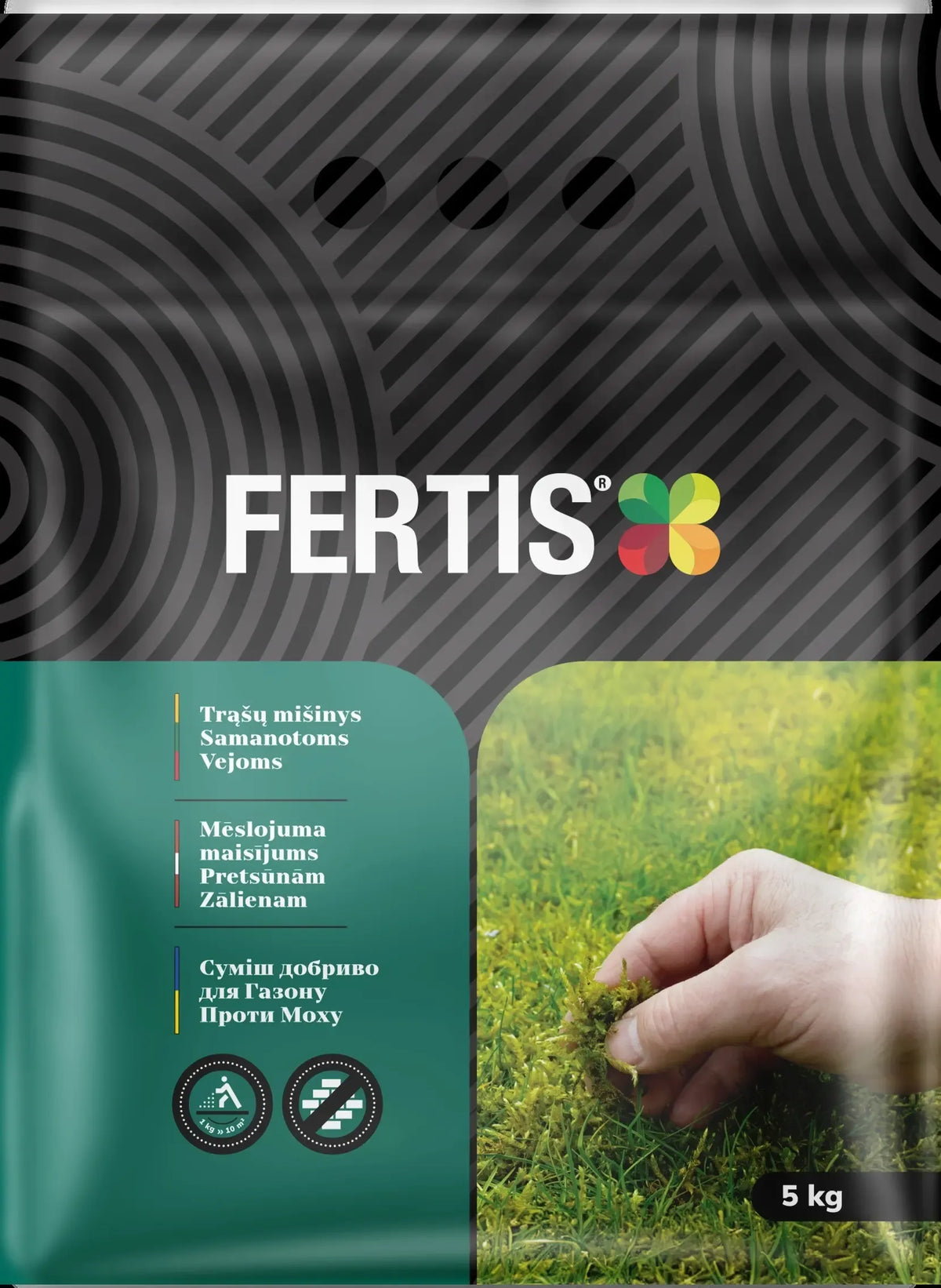 Trąšų mišinys samanotoms vejoms FERTIS, 5 kg, žiemojantiems žolės plotams, turtingas maistingomis medžiagomis.