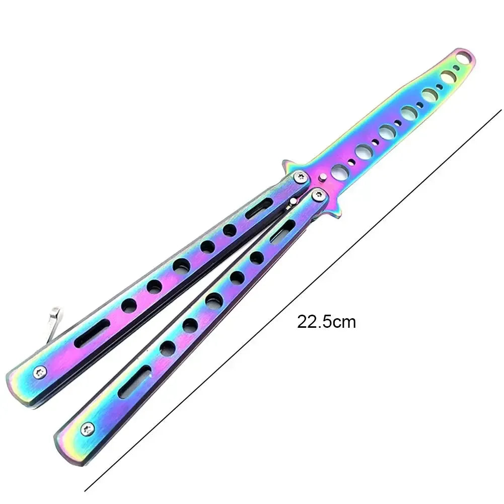 Treniruočių peilis Butterfly Balisong, saugus mokomasis modelis, su juodu rankena ir ašmeniu, skirtas praktikai ir mokymuisi.