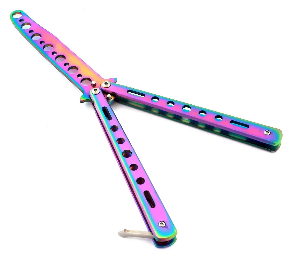 Saugus mokomasis Butterfly Balisong treniruotės peilis, juodos spalvos su metaliniu rankena ir ašmenimis.