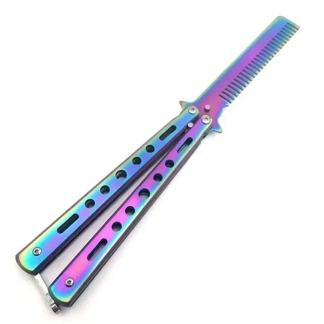 Vaivorykštės spalvos Balisong treniruočių peilis su drugelio formos rankena, skirtas lavinti įgūdžius ir balansą.