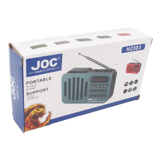 Nešiojama saulės energija įkraunama FM radija-kolonėlė JOC H2303 su Bluetooth, turinti stiprų garsą ir patogią naudoti.