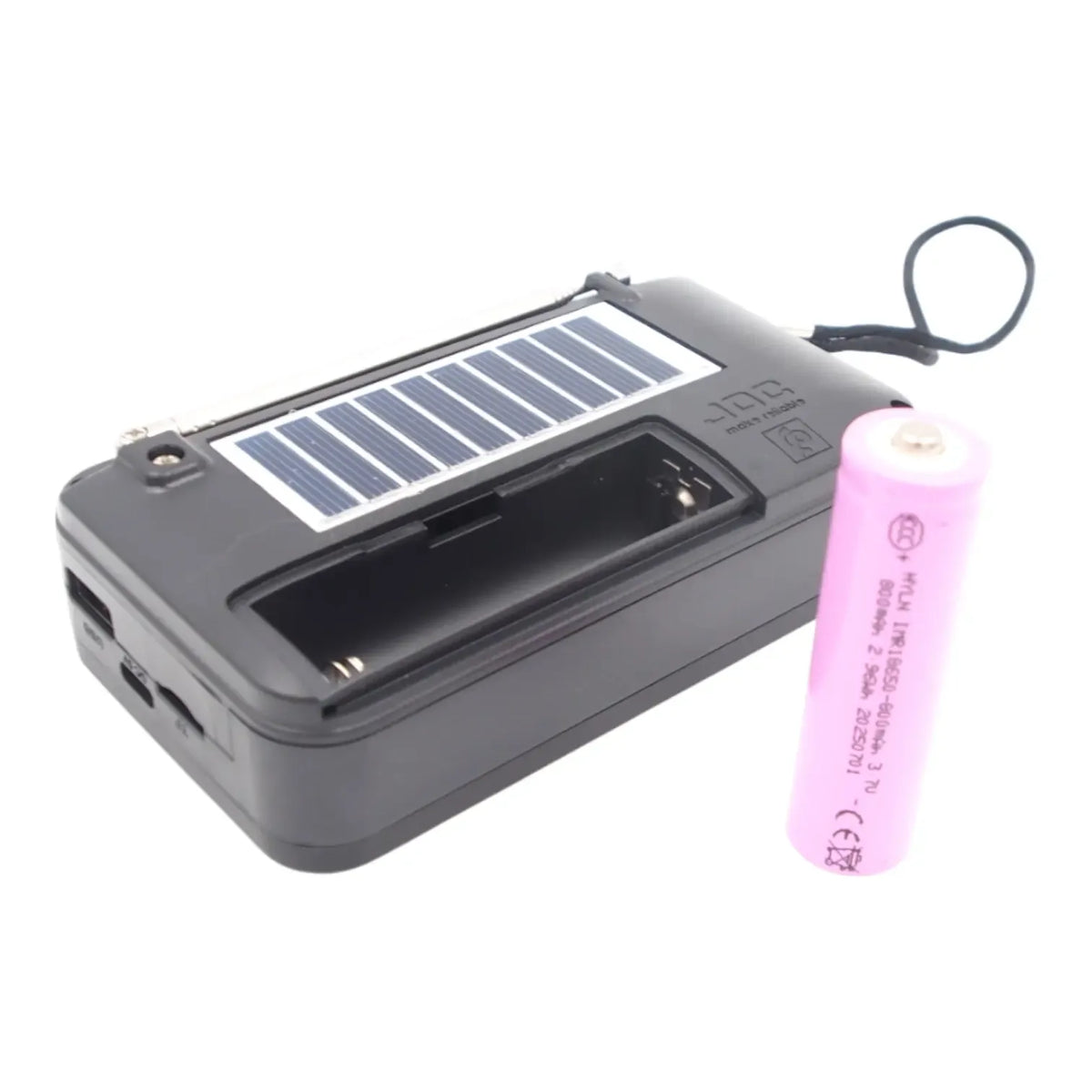 Nešiojama Bluetooth FM radijo kolonėlė JOC H2303 su saulės energijos įkrovimu ir 18650 akumuliatoriumi, skirta turizmui.