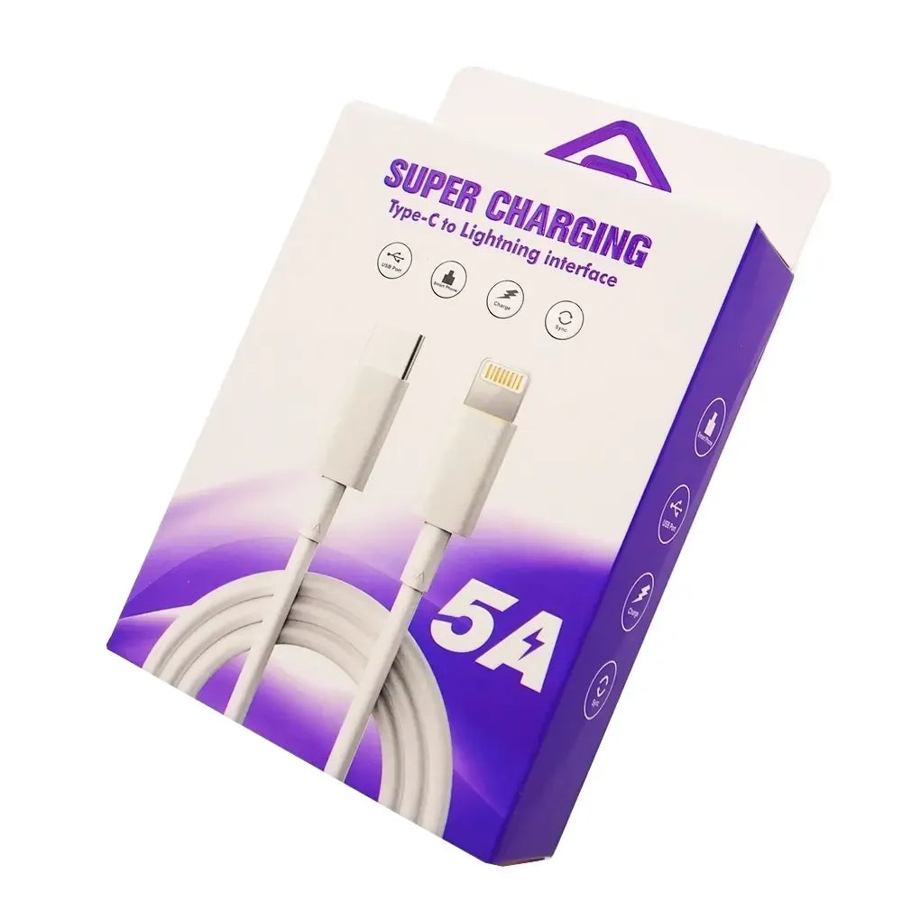 Type-C į Lightning 5A kabelis, 1 m, plokščias ir universalus, skirtas greitam įkrovimui ir duomenų perdavimui.