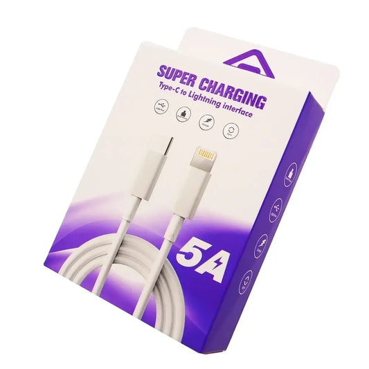 Type-C į Lightning 5A kabelis, 1 m, plokščias ir universalus, skirtas greitam įkrovimui ir duomenų perdavimui.