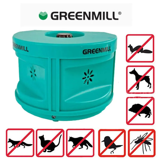 Ultragarsinė gyvūnų ir kenkėjų baidyklė Greenmill, kompaktiška ir efektyvi repelento priemonė namams ir sodui