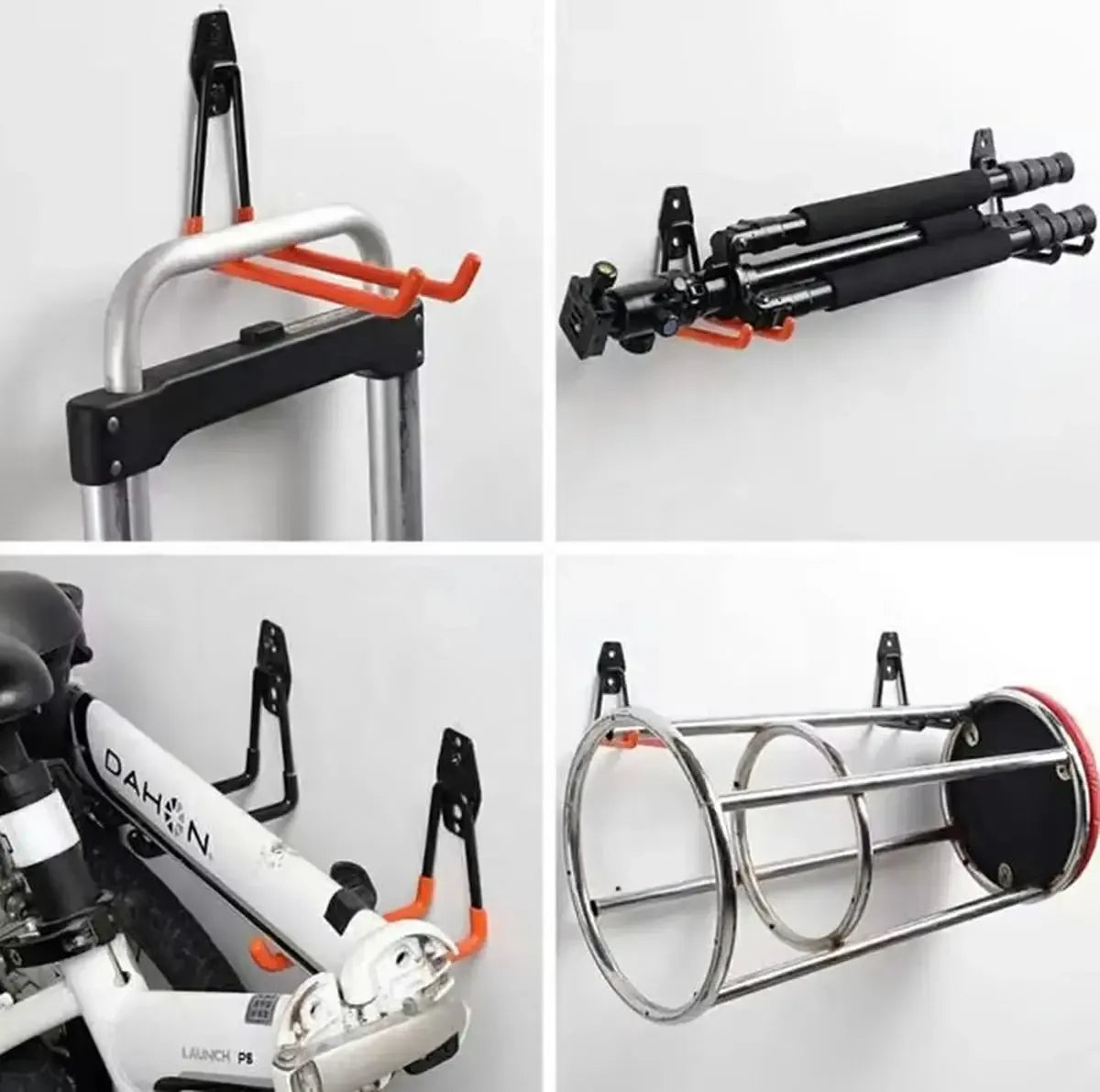 Plieninė sieninė kabykla dviračiams ir įrankiams, universali ir tvirtas laikymo sprendimas.