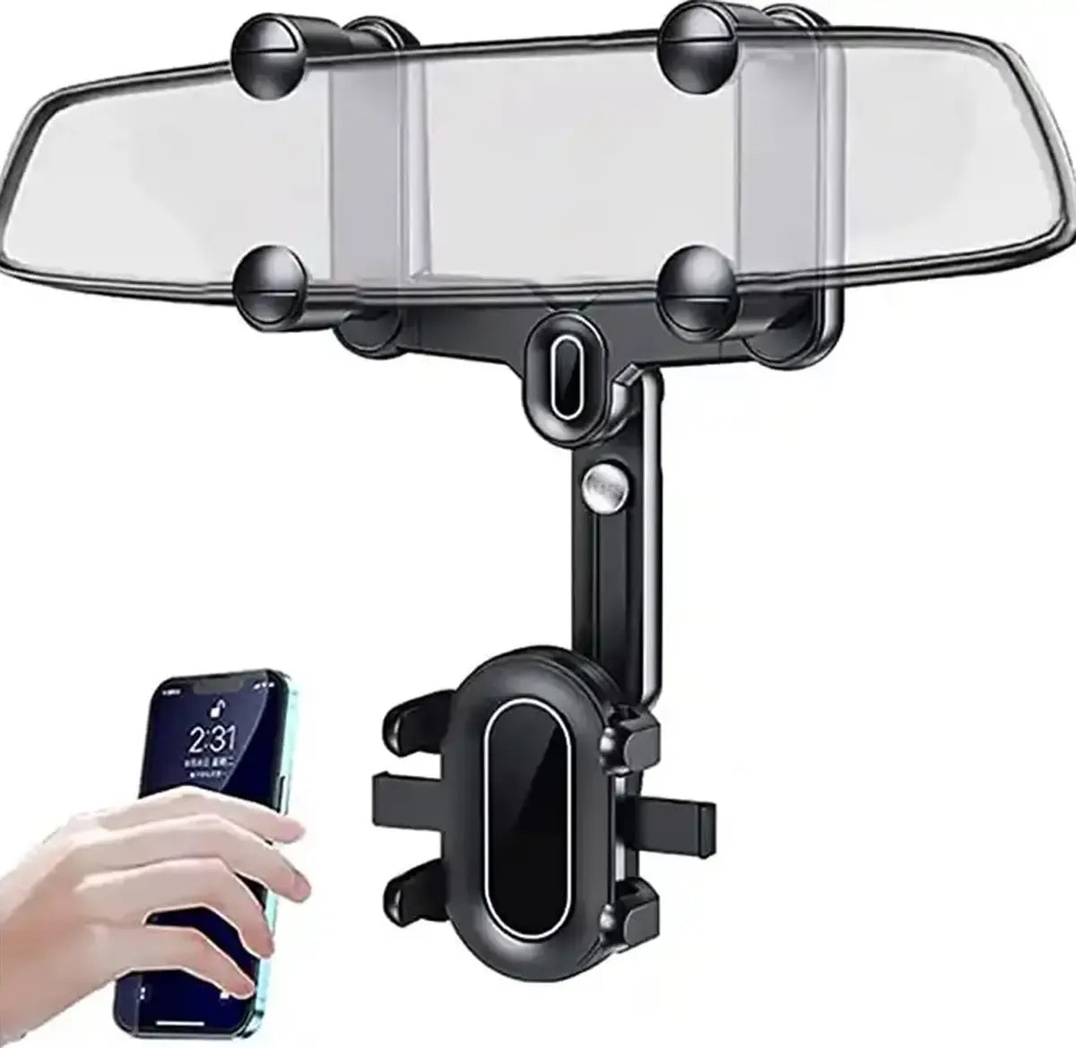 Automobilinis telefono ir planšetės laikiklis ant galinio vaizdo veidrodėlio, universalus, tvirtas ir patogus naudoti.
