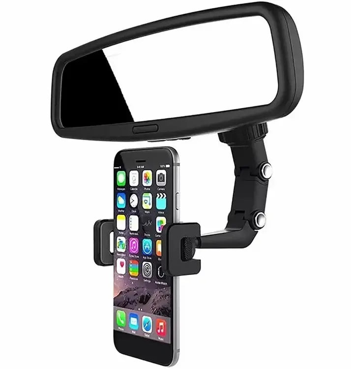 Universalus automobilinis telefono laikiklis, tvirtinamas prie galinio vaizdo veidrodėlio, patogus ir stabilus telefonui naudoti automobilyje.
