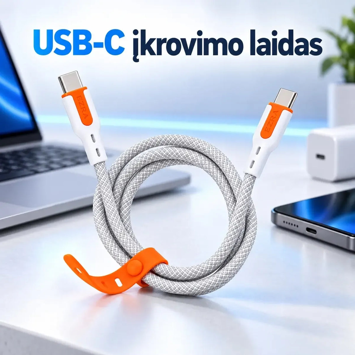 USB-C įkrovimo laidas EZRA DC373, 1 m, 60 W, greito įkrovimo, tinkamas USB-C įrenginiams, patvarus ir lankstus.