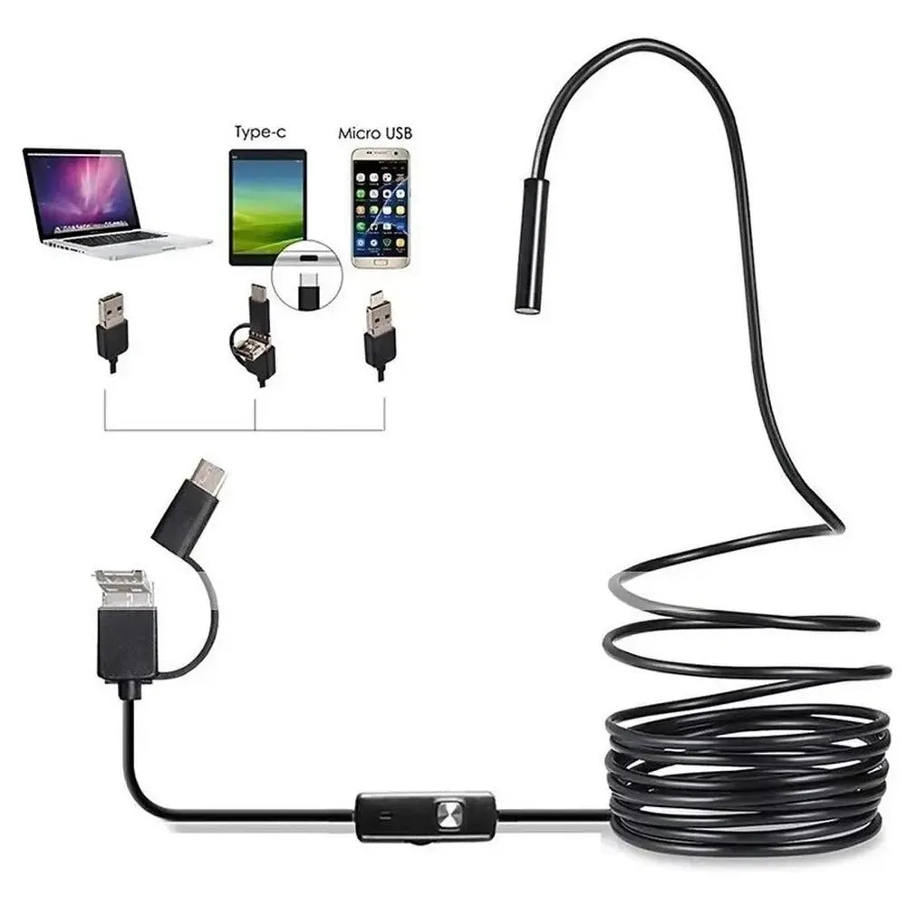 USB endoskopinė kamera 5 m su LED apšvietimu, Type-C ir Micro USB jungtys, skirta vizualinei patikratai ir inspekcijai.