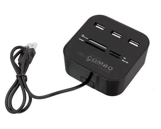 USB šakotuvas su kortelių skaitytuvu, universalus 3 prievadų HUB, matomas kompiuterio šalia su prijungtais kabeliais.