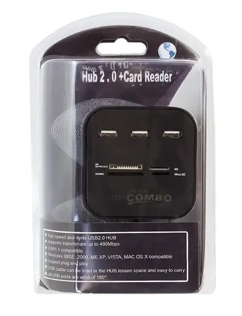USB šakotuvas su kortelių skaitytuvu, universalus 3 prievadų HUB, matomas vaizdas, kompiuterio prievadų prailginimui.