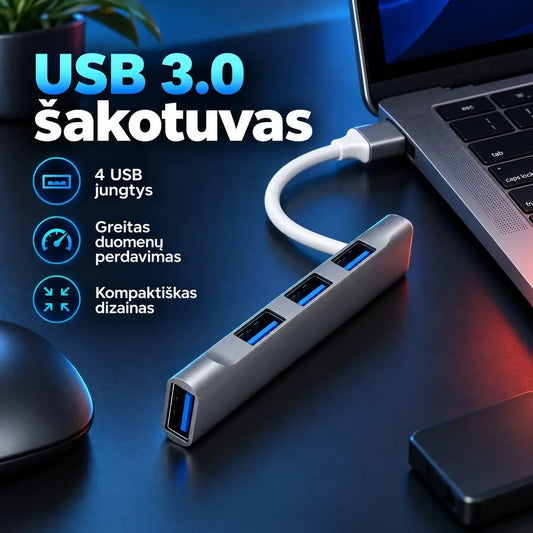 USB šakotuvas su 4 USB jungtimis, kompaktiškas ir universalus USB HUB TR2480, skirtas prijungti kelis įrenginius vienu metu.