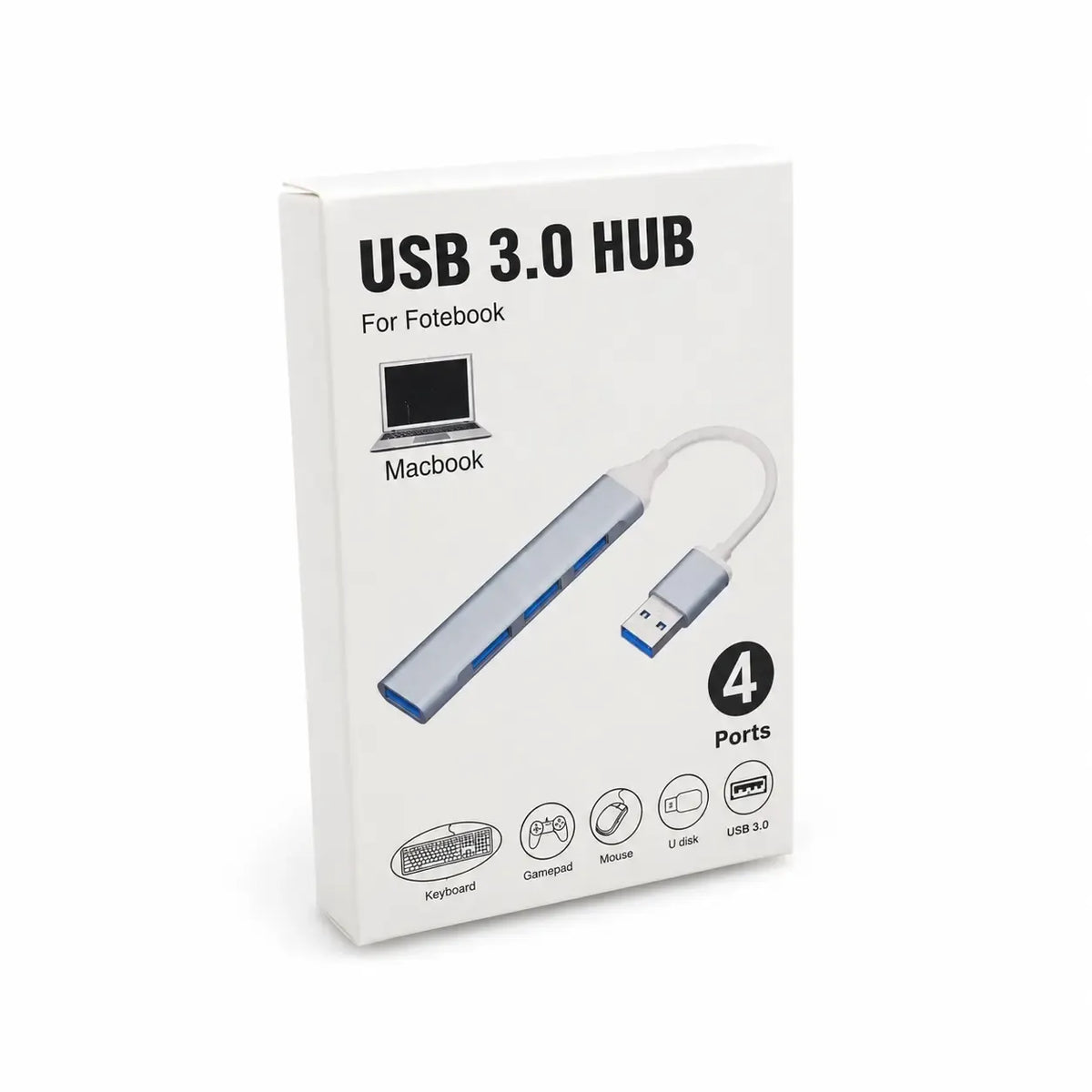 USB šakotuvas su 4 USB jungtimis, tinkamas prie kompiuterio ar nešiojamojo kompiuterio, juodas, kompaktiškas dizainas.