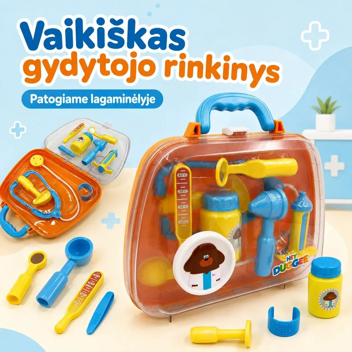 Vaikiškas gydytojo rinkinys lagaminėlyje su žaislinėmis medicinos priemonėmis ir aksesuarais vaikams žaisti gydytojo vaidmenį.