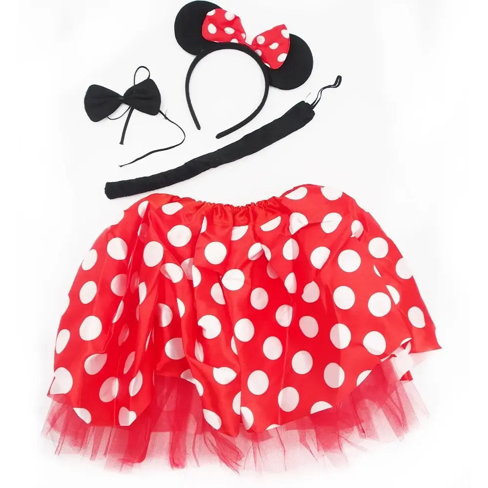 Vaikiškas Minnie Mouse kostiumas su raudonu sijonu, juoda palaidine ir ausų galvajuostėmis, vaikų žaidimų ir švenčių apranga