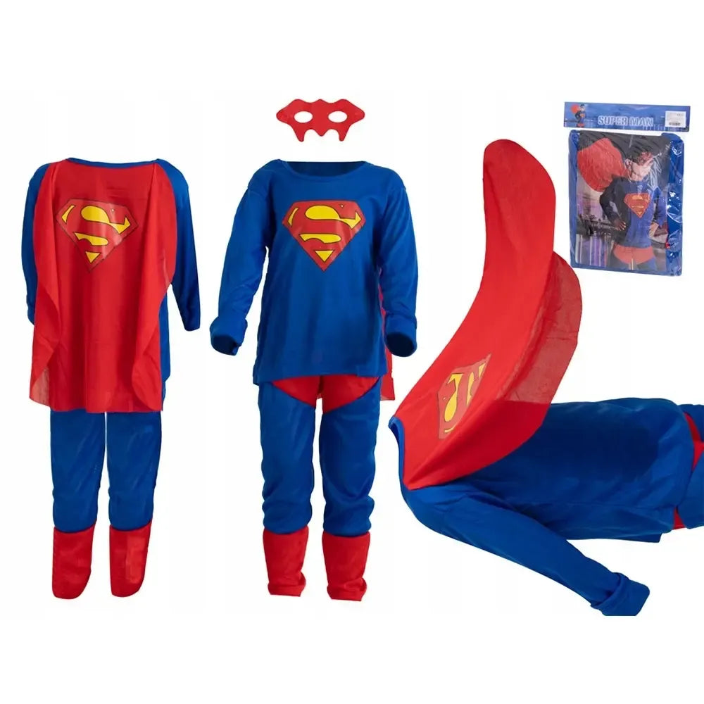 Vaikiškas Superman kostiumas su mėlynu kostiumu, raudona skraiste ir smailiu dangteliu, su vaiko veidu kostiumo viršuje.