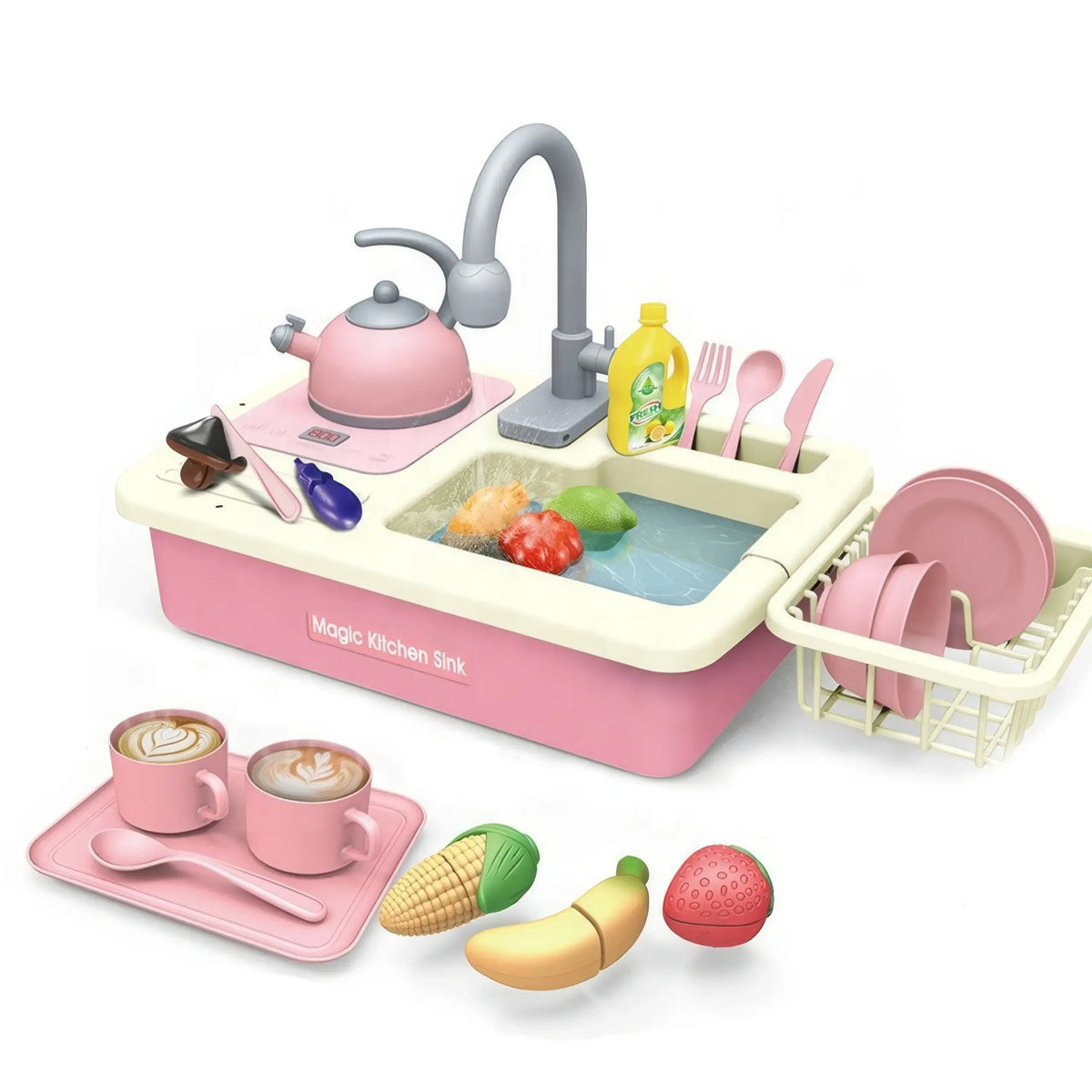 Vaikiškas virtuvės kriauklės rinkinys „Magic Kitchen Sink“ su priedais, vaikų žaidimų virtuvės žaislai, spalvingas ir smagus.