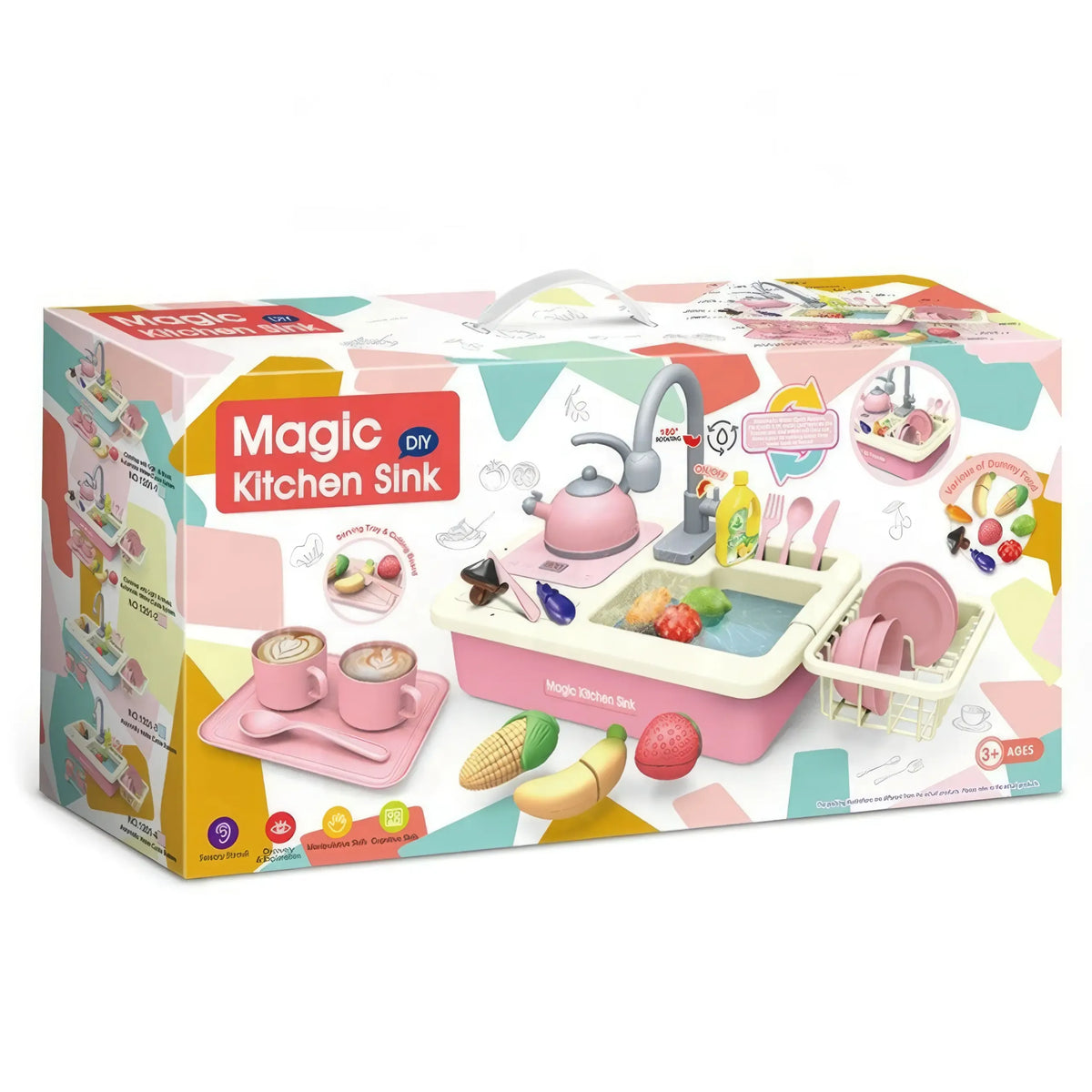Vaikiškas virtuvės kriauklės rinkinys „Magic Kitchen Sink“ su priedais, plastikinis vaikų žaislų virtuvės rinkinys.