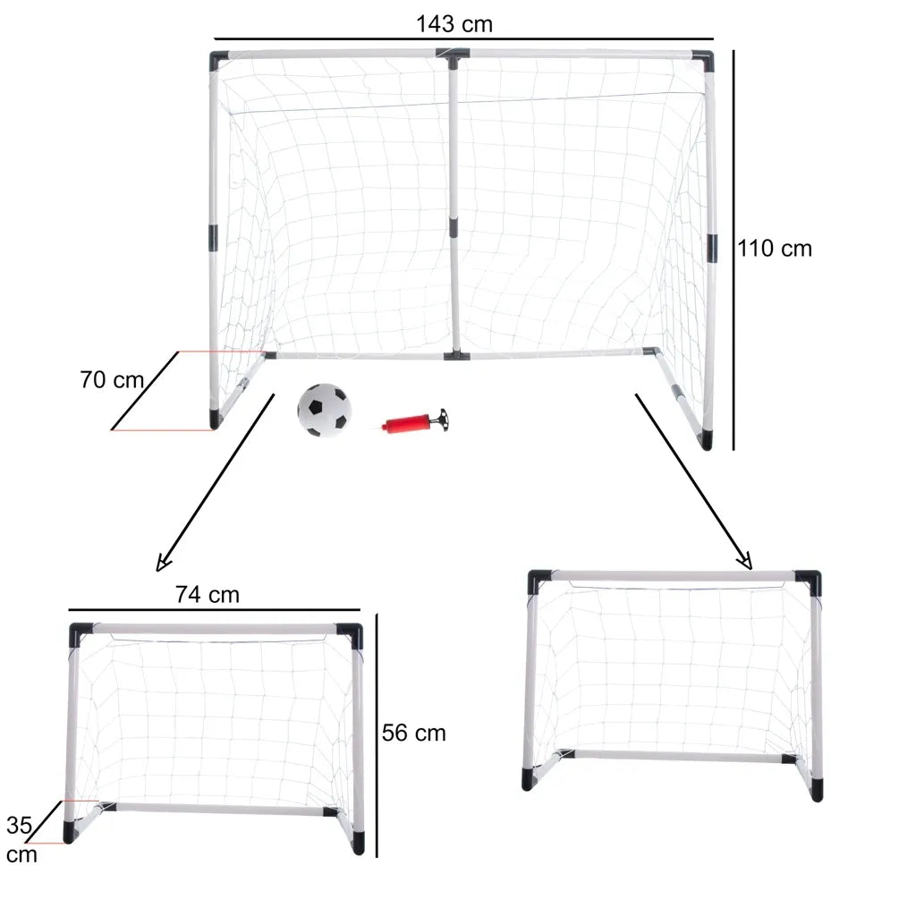 Vaikiški futbolo vartai 2in1 – dideli arba du mažesni (143 × 110 × 70 cm)