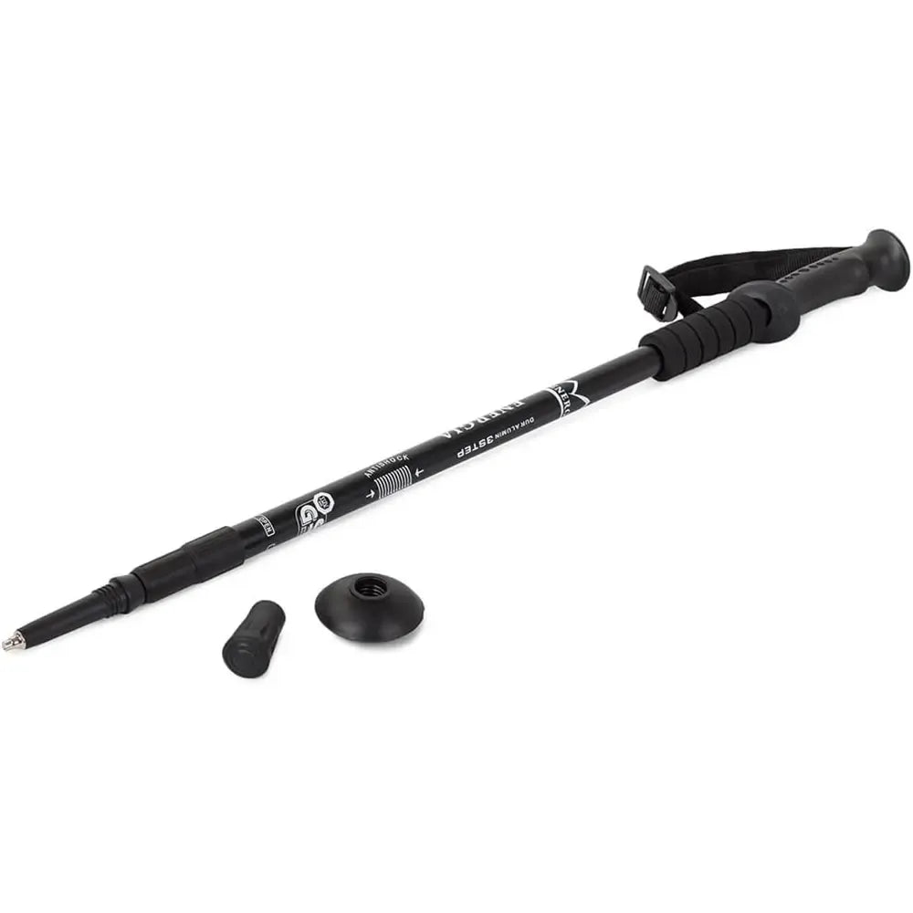 Teleskopinė vaikščiojimo lazda nordic walking ir žygiams, juodos spalvos, su reguliuojamu ilgiu ir guminiais antgaliais.
