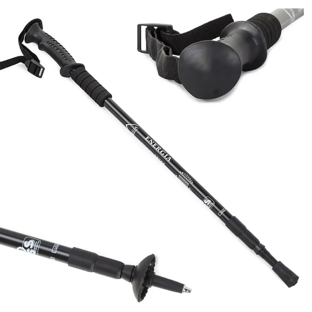 Teleskopinė vaikščiojimo lazda nordic walking ir žygiams, juoda su reguliuojamu ilgiu ir guminiu antgaliu.