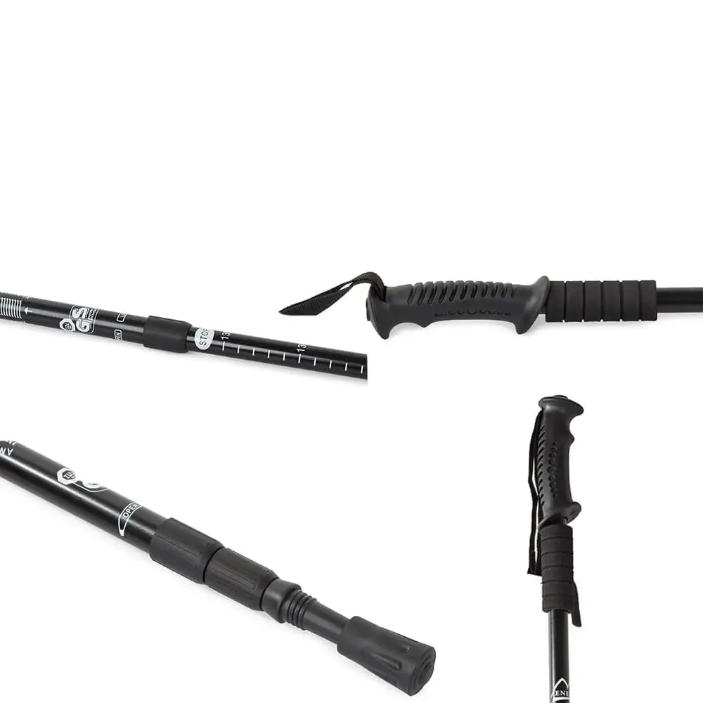 Teleskopinė vaikščiojimo lazda nordic walking ir žygiams, lanksti ir reguliuojama, su guminiais galais, juoda ir sidabrinė spalva
