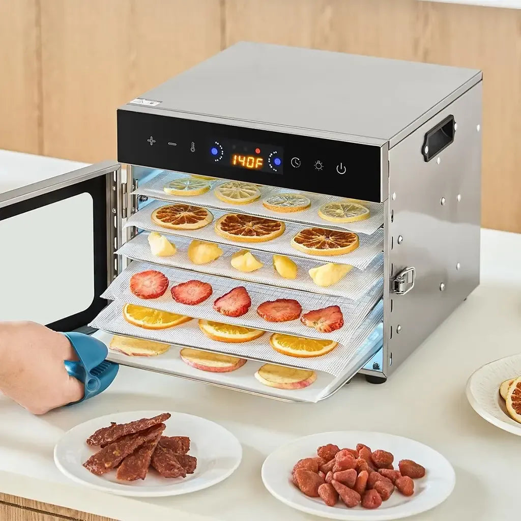 Profesionali vaisių ir maisto džiovyklė su 6 padėklų, 400 W, nerūdijančio plieno konstrukcija.