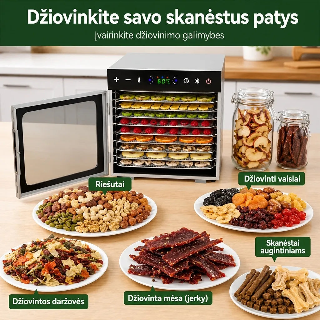 Vaisių ir maisto džiovyklė 800 W, 12 padėklų, nerūdijančio plieno korpusas