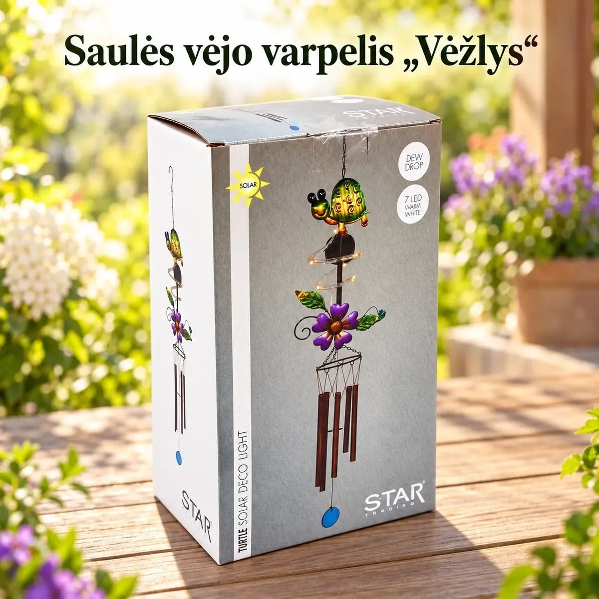 Vėjo varpeliai „Vėžlys“ su saulės paneliu ir 7 LED apšvietimu, dekoratyvinis sodo ar terasos akcentas