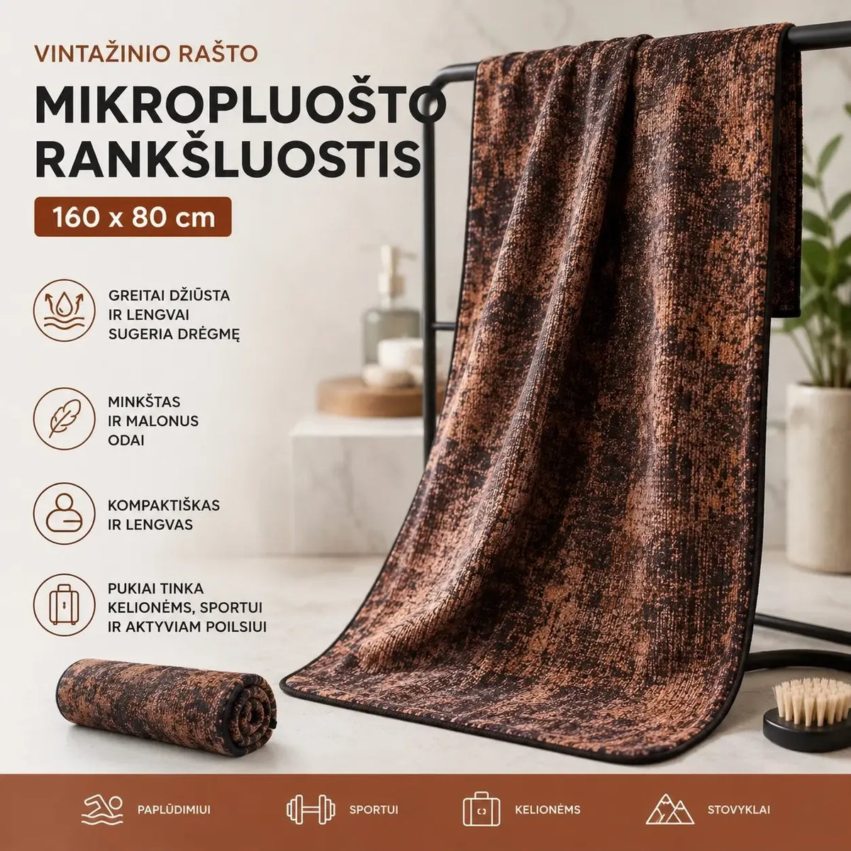 Vintažinio rašto mikropluošto rankšluostis 160x80 cm, švelnus ir minkštas, gražus vintage dizainas, namų ar vonios naudojimui.
