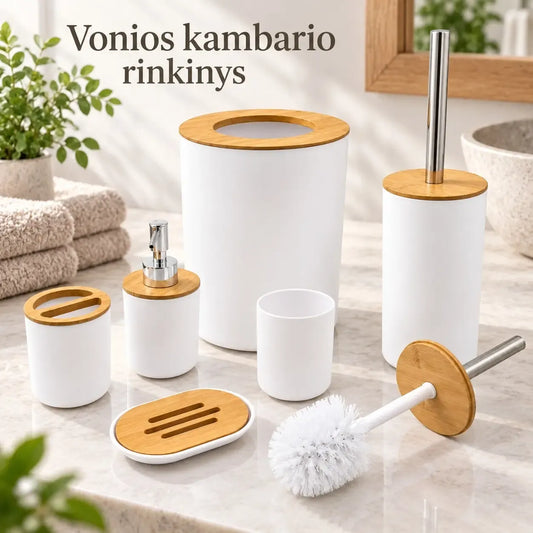 6 dalių vonios kambario aksesuarų rinkinys TR2363, baltos spalvos, su rankšluosčių laikikliu, muilo dozatoriumi ir kitais priedais.