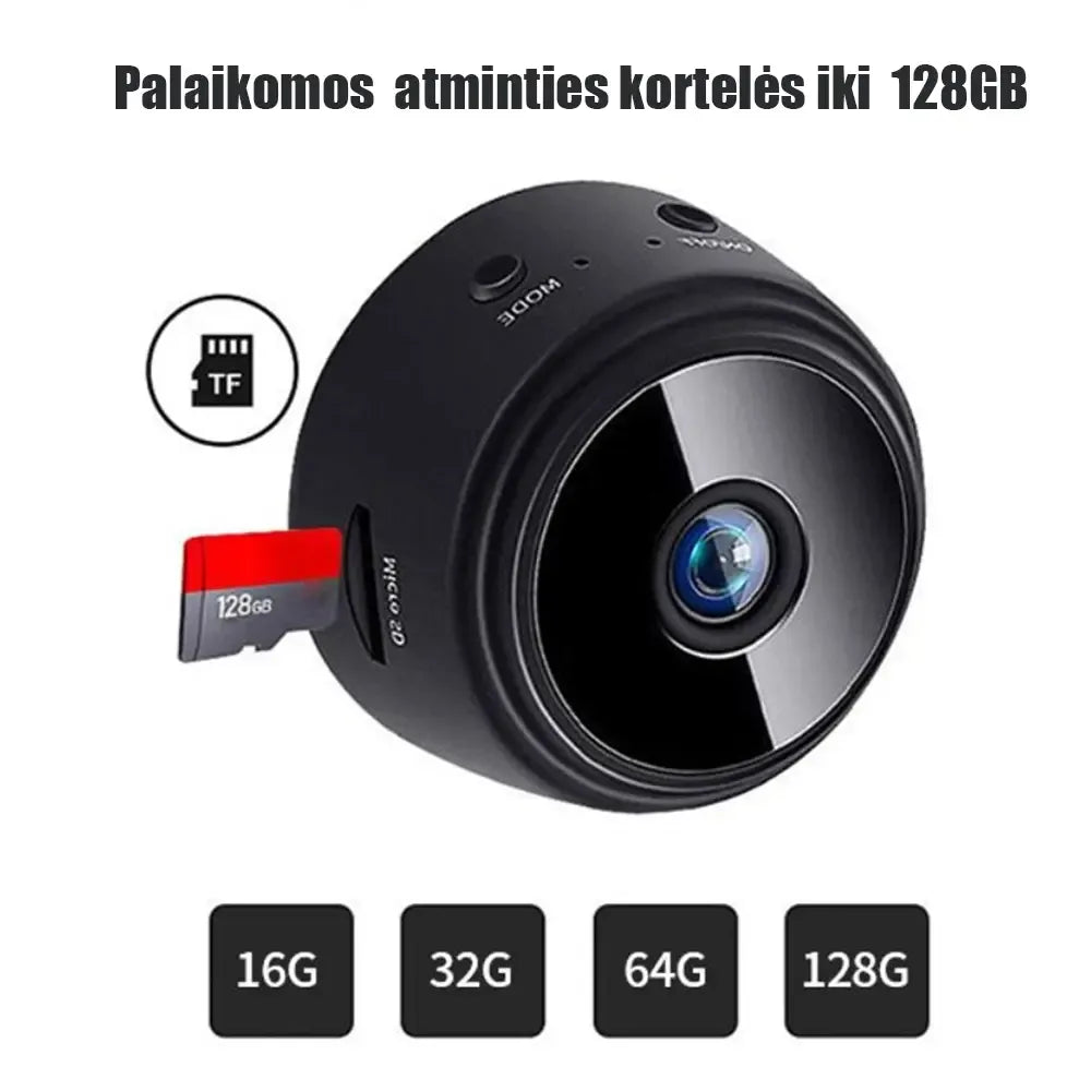 WiFi kamera su magnetu, skirta namų saugai, matoma iš viršaus su magnetiniu tvirtinimu ir aiškia vaizdo kamera.
