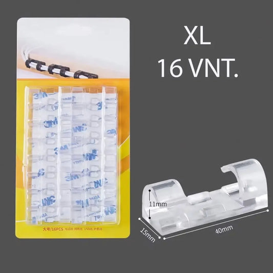 XL laidų laikikliai, 16 vnt., juodi plastikiniai kabelių tvirtinimo elementai, skirti organizuoti ir pritvirtinti laidus.