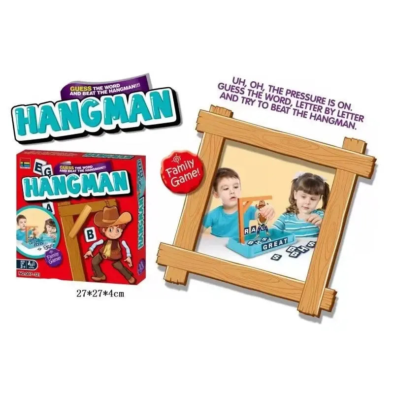 Stalo žaidimas Kartuvės (Hangman) su spalvingu dizainu ir žaidimo kortelėmis, skirtas šeimos ir draugų pramogoms.