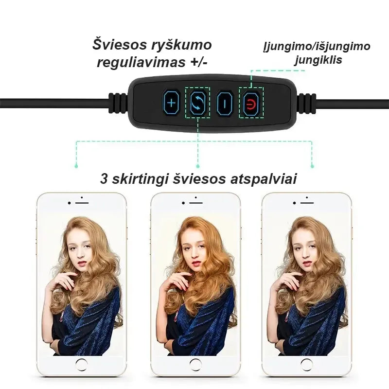 Žiedo formos LED lempa fotografavimui ir makiažui, 24W, su šviesos reguliavimu ir šviesos sklaidą, tinkama grožio ir fotografijos darbams.
