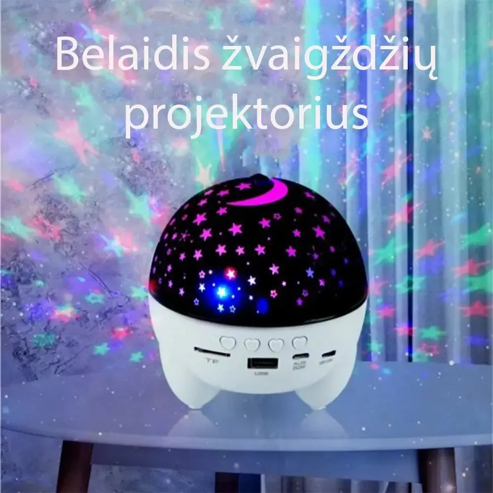 Įkraunamas žvaigždžių projektorius su Bluetooth kolonėle, rodo žvaigždžių modelius ir šviesos efektus.